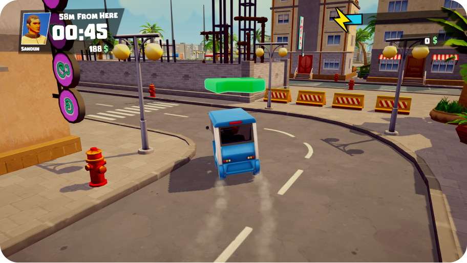 Screenshot of game play from the tuktuk Crazy taxi game of a tuktuk driving on a city street. 