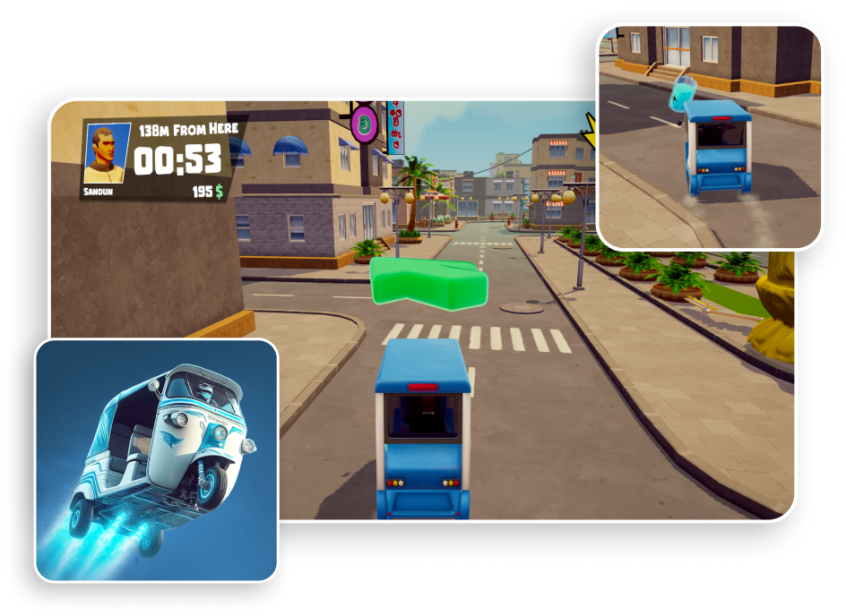 A collage of images from tuktuk crazy taxi game of the tuktuk driving and collecting boosts.