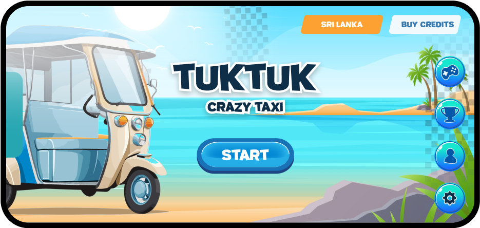 The title screen of the 'TukTuk Crazy Taxi' game with a tuktuk on a beach with palm trees, ocean, and mountains in the background. 